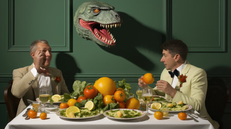 Two men sitting at a table with plates of food. Generative AI image.の素材