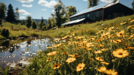 A field of yellow flowers next to a river. Generative AI image.の素材
