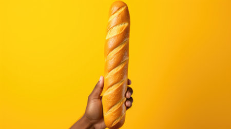 A person holding a long loaf of bread. Generative AI image.の素材