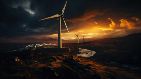 A group of wind turbines sitting on top of a hill. Generative AI image.の素材