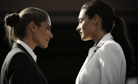 Two women standing next to each other looking at each other. Generative AI image.の素材
