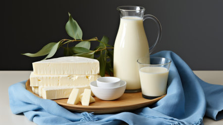 A pitcher of milk, a bowl of cheese and a bowl of butter. Generative AI image.の素材