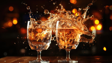 Two glasses of wine with water splashing out of them. Generative AI image.