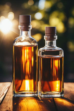 Two bottles of alcohol sitting on top of a wooden table. Generative AI image.の素材