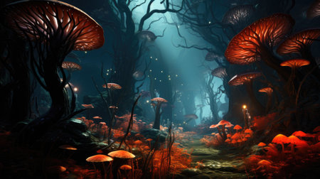 A dark forest filled with lots of mushrooms. Generative AI image.の素材