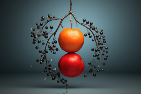 An orange and an apple hanging from a branch. Generative AI image.の素材