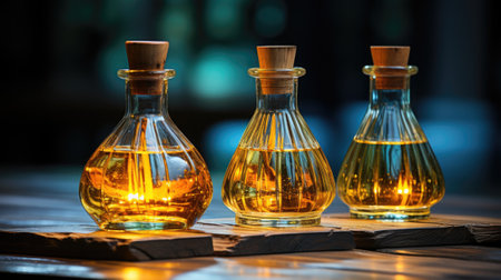 Three glass bottles filled with liquid sitting on top of a wooden table. Generative AI image.の素材