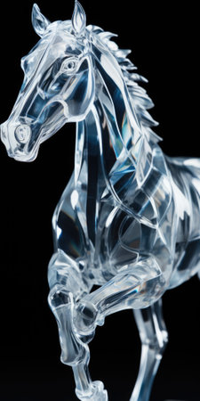 A clear horse statue on a black background. Generative AI image.の素材
