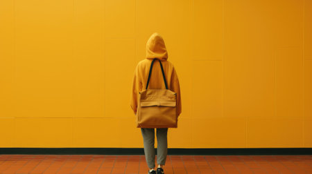A person standing in front of a yellow wall. Generative AI image.の素材