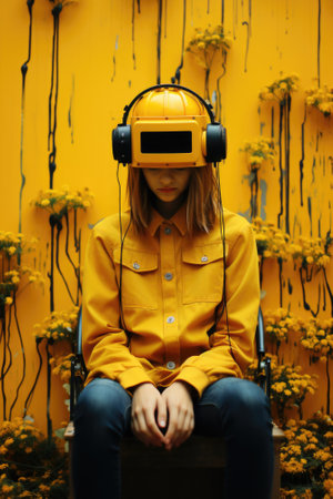 A woman wearing headphones sitting in front of a yellow wall. Generative AI image.の素材