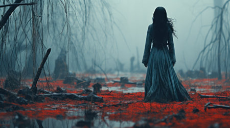 A woman in a long dress standing in a forest. Generative AI image.の素材