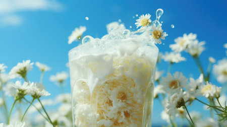 A close up of a glass of milk with flowers in the background. Generative AI image.の素材