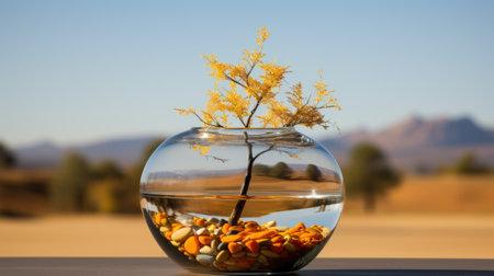 A glass vase filled with rocks and a plant. Generative AI image.の素材