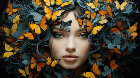 A woman with butterflies in her hair. Generative AI image.の素材