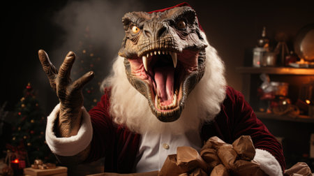 A man dressed as a t - rex with his mouth open. Generative AI image.の素材