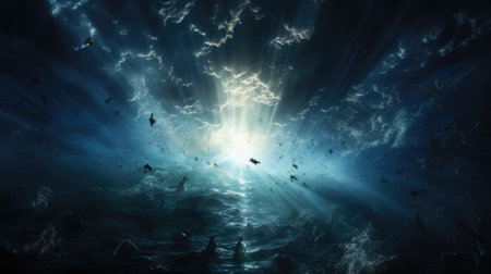 A group of birds flying over a body of water. Generative AI image.の素材