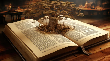 An open book sitting on top of a wooden table. Generative AI image.の素材