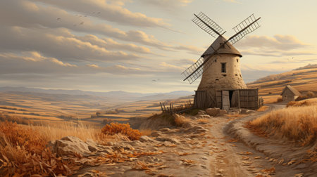 A painting of a windmill on a hill. Generative AI image.の素材