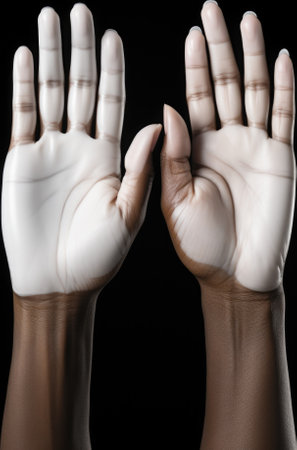 A pair of hands with white gloves on. Generative AI image.の素材