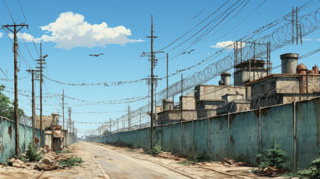 A painting of a city street with power lines. Generative AI image.の素材