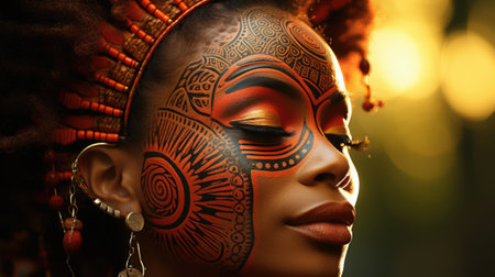 A close up of a woman with a painted face. Generative AI image.の素材