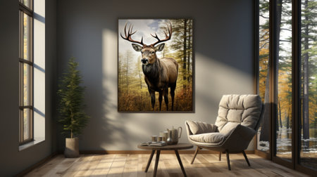 A picture of a deer standing in a room. Generative AI image.の素材