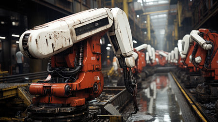 A group of robots that are standing in a factory. Generative AI image.の素材