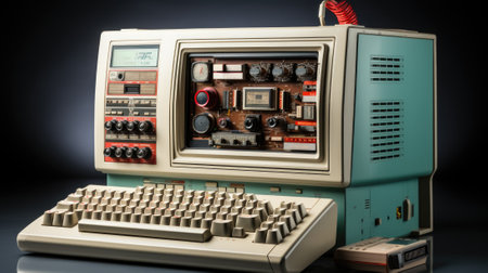 An old computer with a keyboard and mouse. Generative AI image.の素材