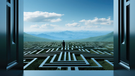 A man standing in a maze looking out of a window. Generative AI image.の素材