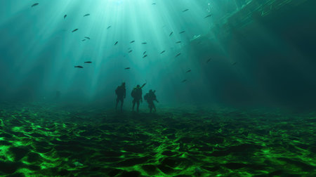 A group of people standing in the middle of a body of water. Generative AI image.の素材