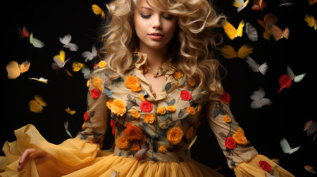 A woman in a yellow dress surrounded by butterflies. Generative AI image.の素材