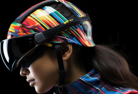 A woman wearing a colorful helmet and goggles. Generative AI image.の素材