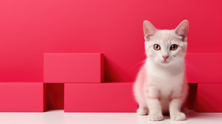 A white cat sitting on top of a white table. Generative AI image.の素材