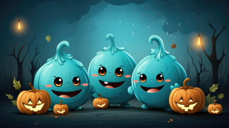 A group of three blue pumpkins sitting next to each other. Generative AI image.の素材