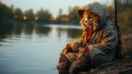 A cat sitting on the ground next to a body of water. Generative AI image.の素材