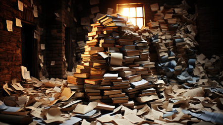 A pile of books sitting on top of a pile of paper. Generative AI image.の素材