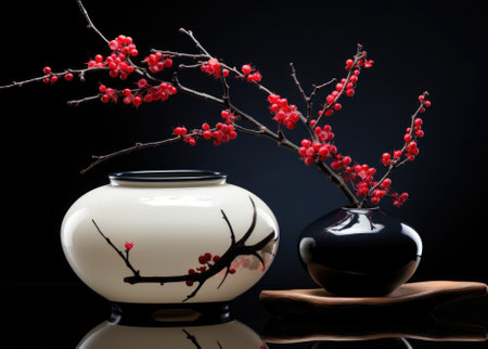 A vase with a branch of red berries in it. Generative AI image.の素材