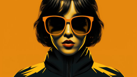 A woman wearing sunglasses and a yellow jacket. Generative AI image.の素材