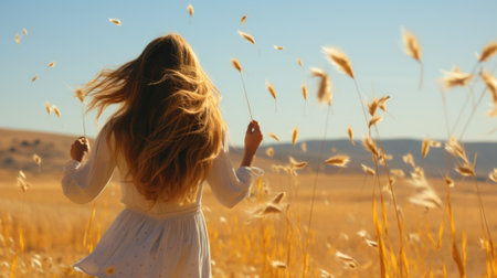 A woman standing in a field of tall grass. Generative AI image.の素材