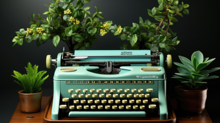 A blue typewriter sitting on top of a wooden table. Generative AI image.の素材