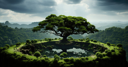 A lone tree sitting on top of a lush green hillside. Generative AI image.の素材