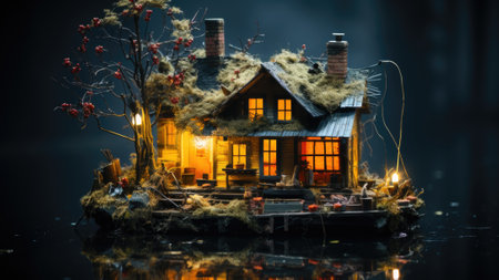 A miniature house on a small island in the water. Generative AI image.の素材