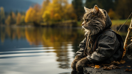 A cat sitting on a rock next to a body of water. Generative AI image.の素材