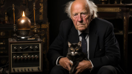 A man in a suit and tie holding a cat. Generative AI image.の素材