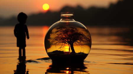 A glass jar with a tree inside of it. Generative AI image.の素材