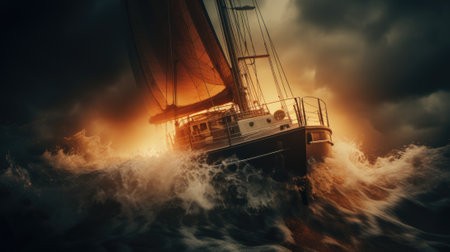 A sailboat is sailing through a stormy ocean. Generative AI image.の素材