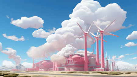 A pink building with wind turbines in front of it. Generative AI image.の素材