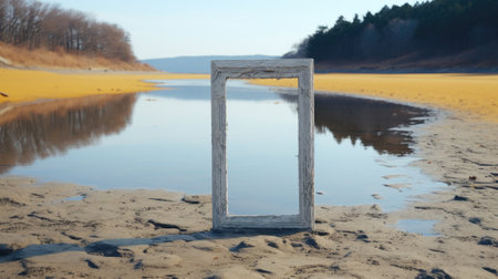A picture frame sitting on top of a sandy beach. Generative AI image.の素材