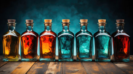 A row of bottles with different colored liquids in them. Generative AI image.の素材