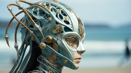 A woman wearing a futuristic helmet on the beach. Generative AI image.の素材